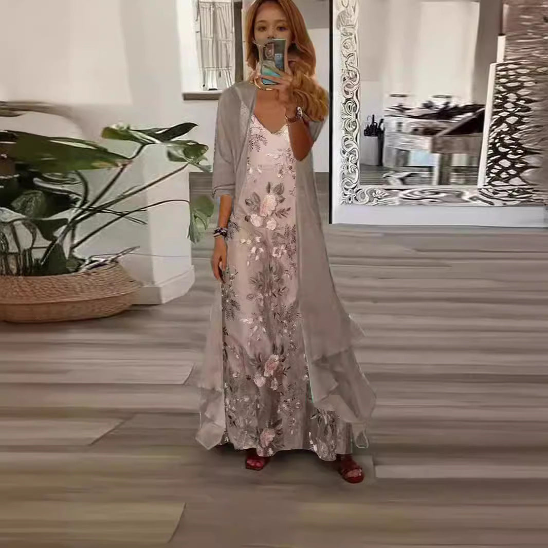 Floral Maxi Dress Women with Long Jacket and V-Neck - 6 - Rokvane