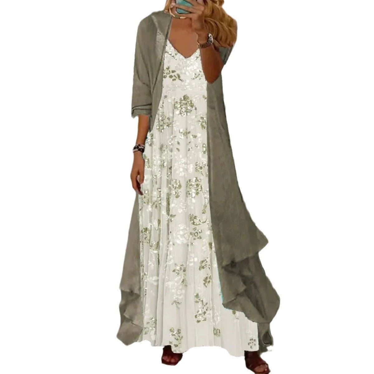 Floral Maxi Dress Women with Long Jacket and V-Neck - 8 - Rokvane