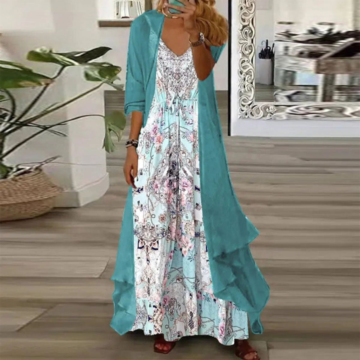 Floral Maxi Dress Women with Long Jacket and V-Neck - 9 - Rokvane