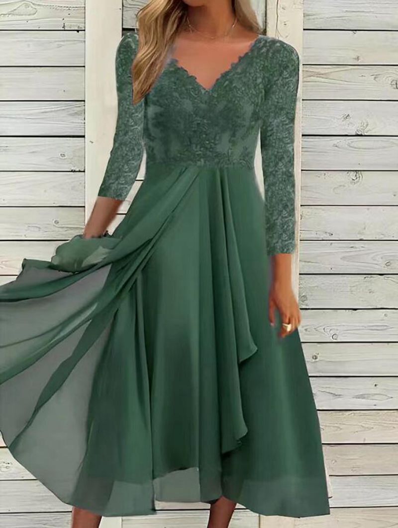 Midi Wrap Dress Women's V-neck 3/4 Sleeve Flattering Fit - 3 - Rokvane