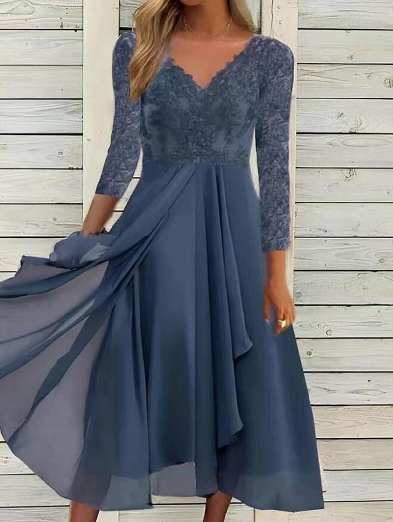 Midi Wrap Dress Women's V-neck 3/4 Sleeve Flattering Fit - 5 - Rokvane