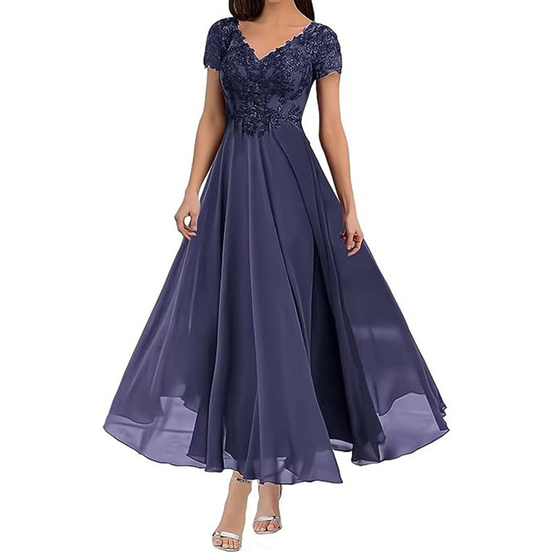Evening Dress Women V-Neck Short Sleeve Flared Skirt - 3 - Rokvane