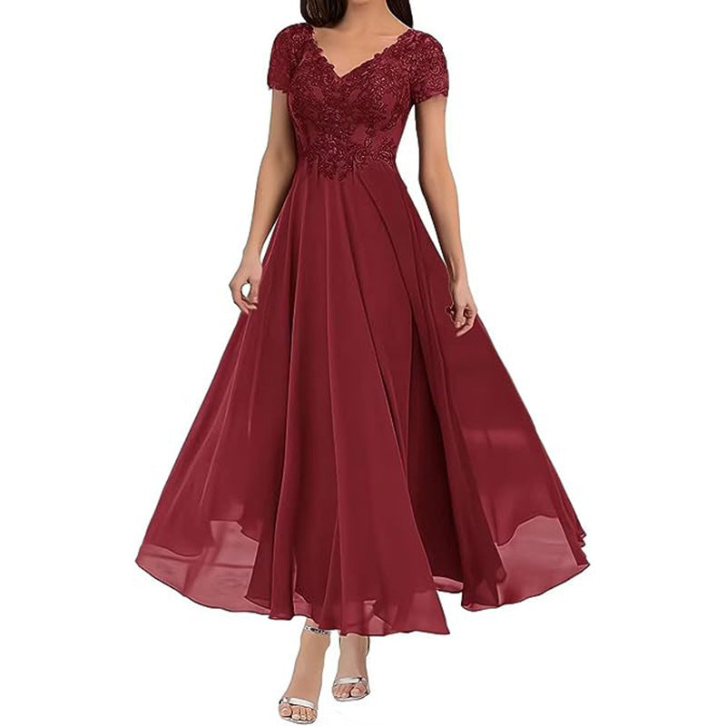 Evening Dress Women V-Neck Short Sleeve Flared Skirt - 5 - Rokvane