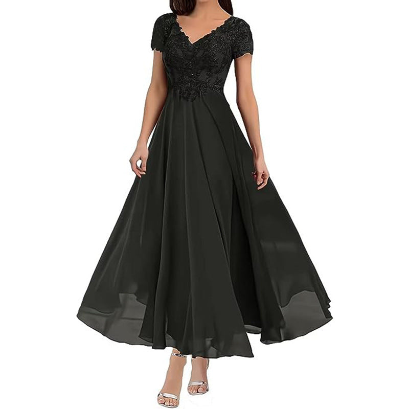 Evening Dress Women V-Neck Short Sleeve Flared Skirt - 6 - Rokvane