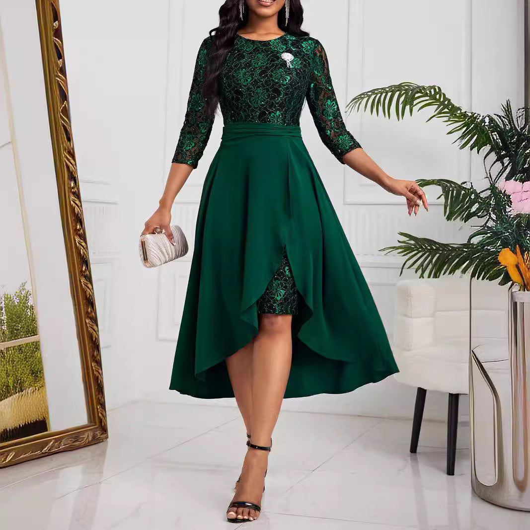 Midi Dress Women A-Line Cut with Flutter Sleeves and High-Low Hem - 1 - Rokvane