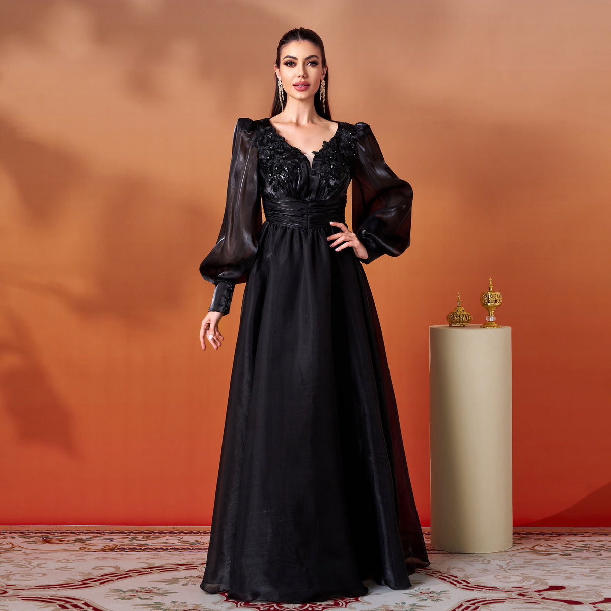 Elegant Evening Dress Women - V-neck & Puff Sleeves - 1 - Rokvane