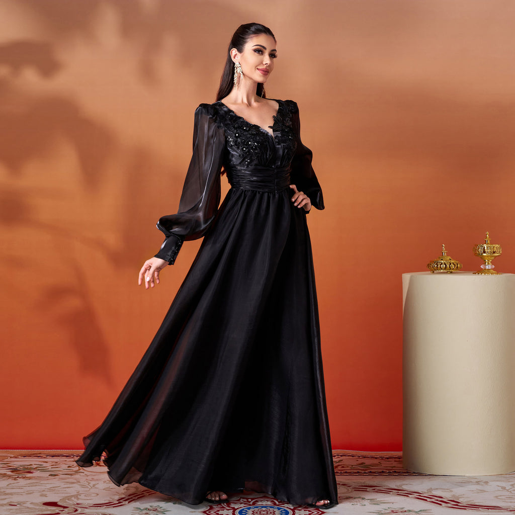 Elegant Evening Dress Women - V-neck & Puff Sleeves - 2 - Rokvane