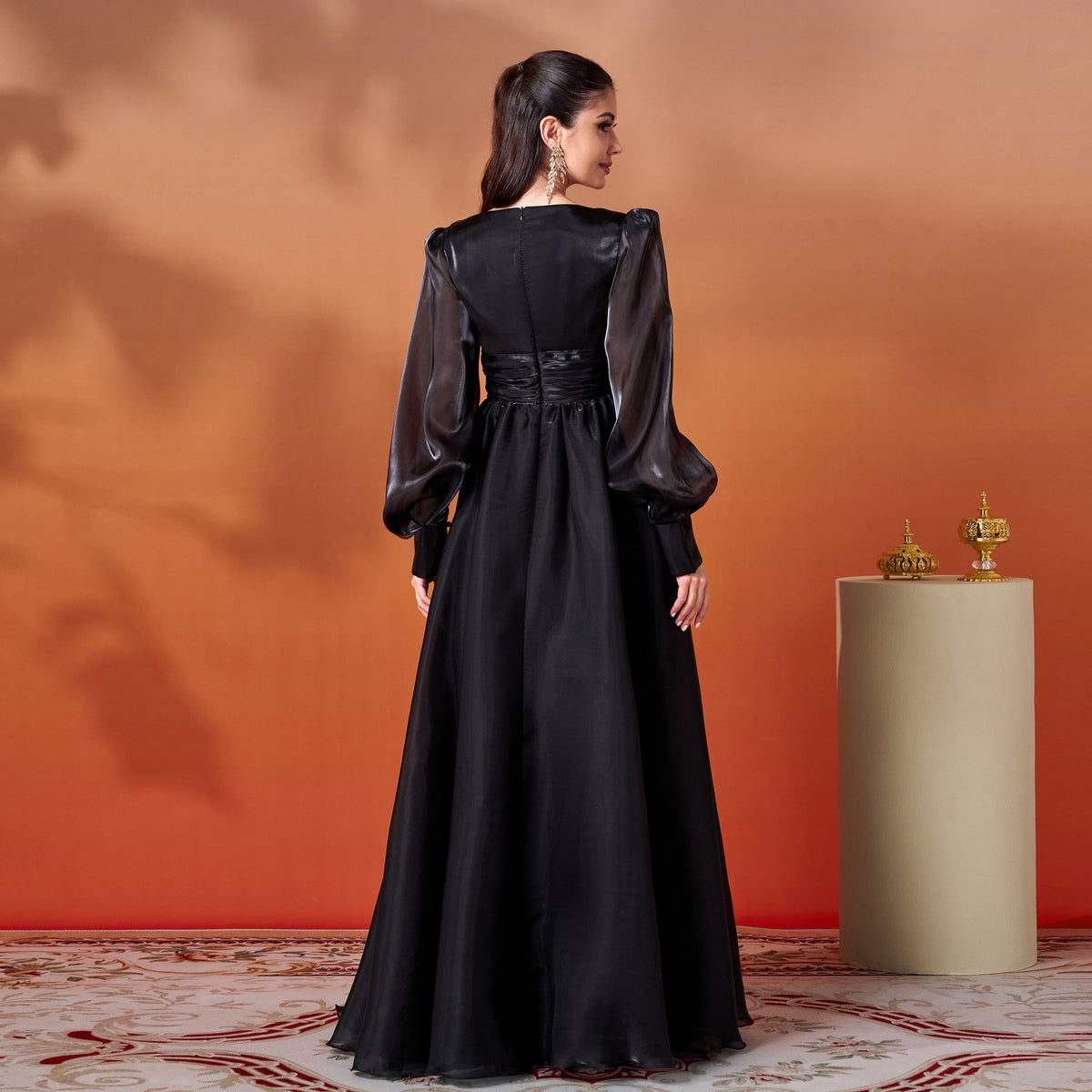 Elegant Evening Dress Women - V-neck & Puff Sleeves - 3 - Rokvane