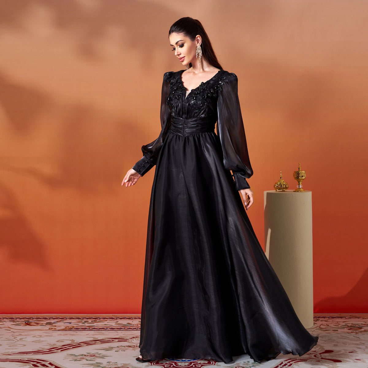 Elegant Evening Dress Women - V-neck & Puff Sleeves - 4 - Rokvane