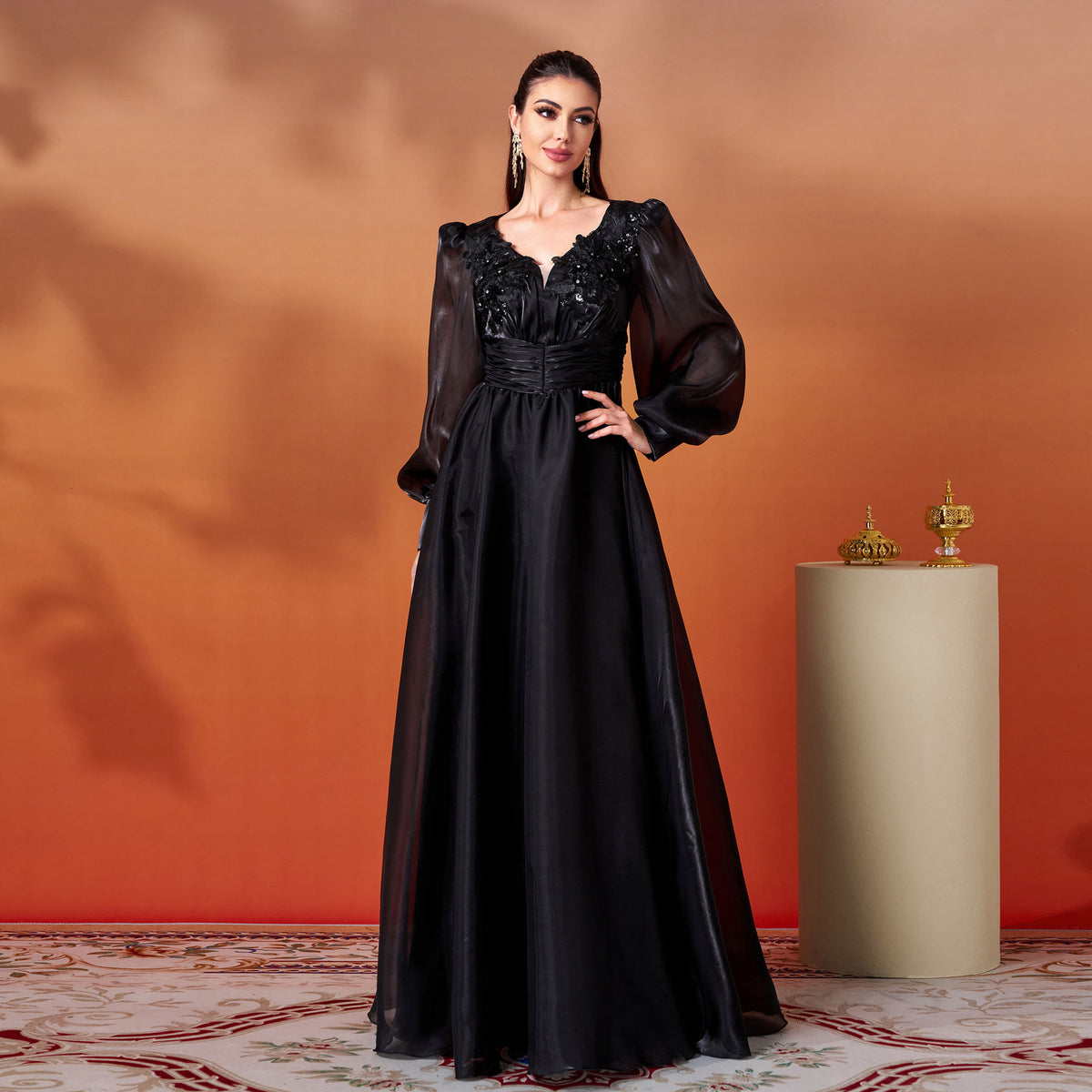 Elegant Evening Dress Women - V-neck & Puff Sleeves - 5 - Rokvane