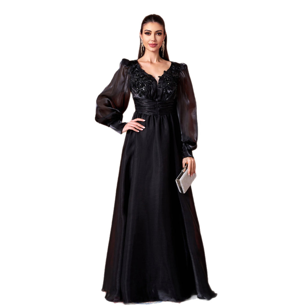 Elegant Evening Dress Women - V-neck & Puff Sleeves - 6 - Rokvane