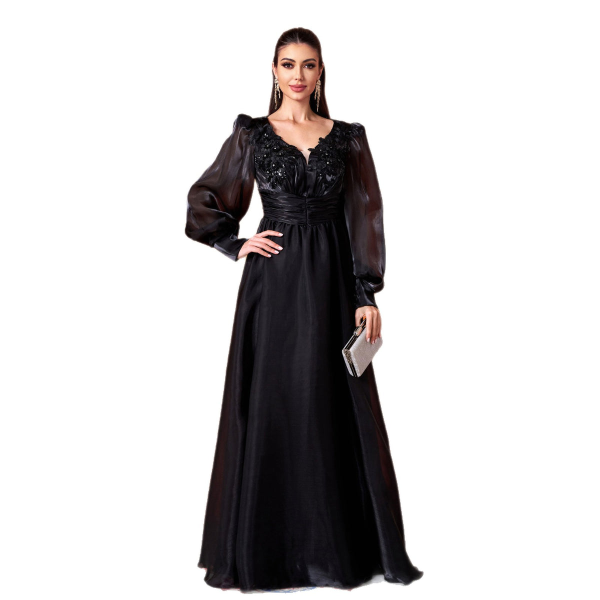 Elegant Evening Dress Women - V-neck & Puff Sleeves - 6 - Rokvane