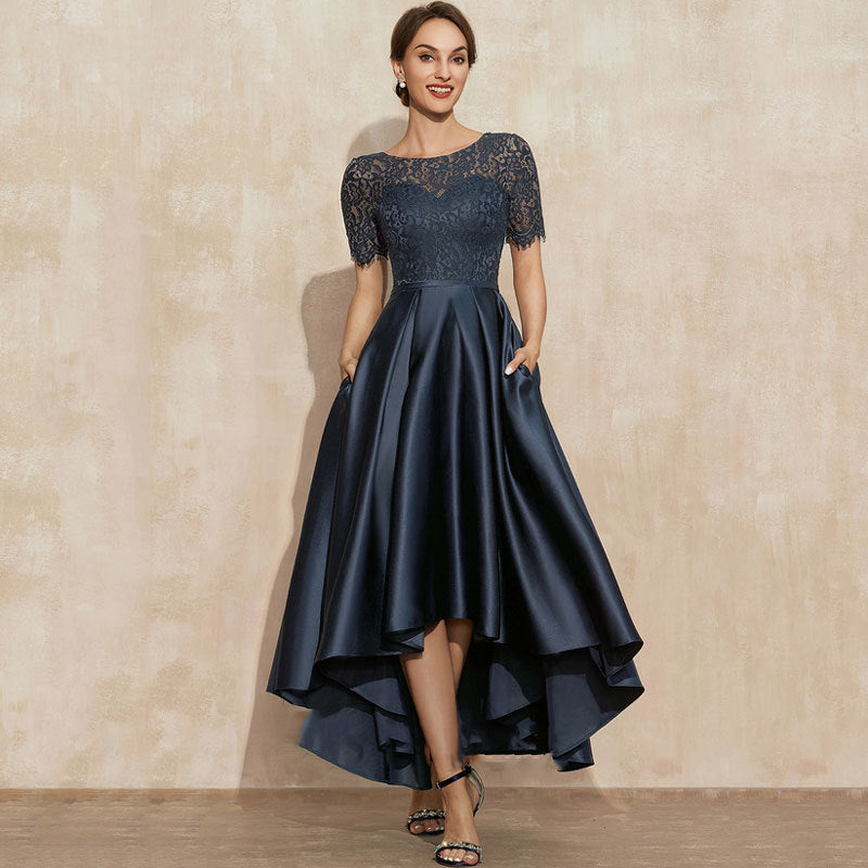 Navy Blue Evening Dress Women - Flared Skirt with Pocket Detail - 3 - Rokvane