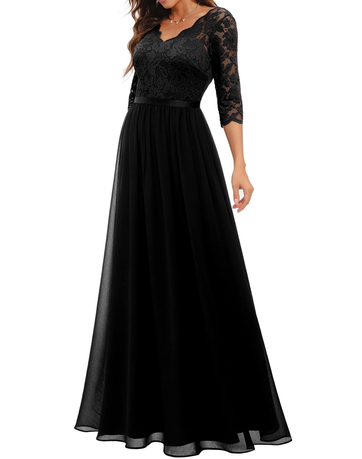 Maxi Dress Women V-Neck Lace 3/4 Sleeve Flattering Fit - 1 - Rokvane