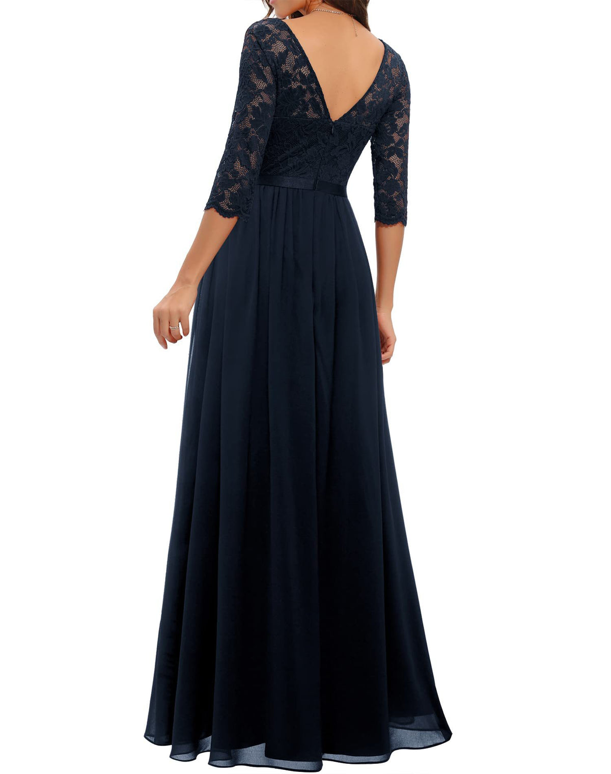 Maxi Dress Women V-Neck Lace 3/4 Sleeve Flattering Fit - 2 - Rokvane