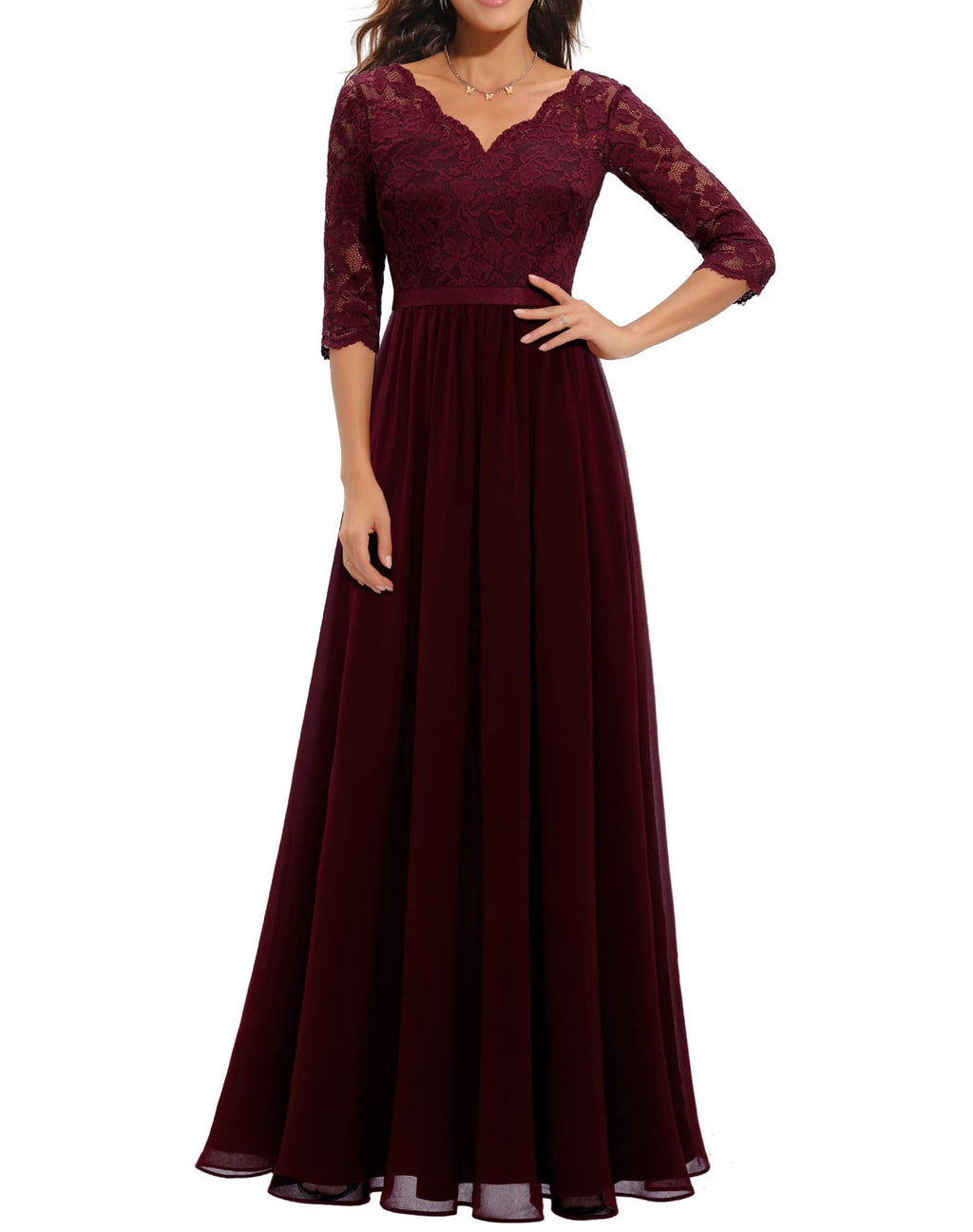 Maxi Dress Women V-Neck Lace 3/4 Sleeve Flattering Fit - 4 - Rokvane