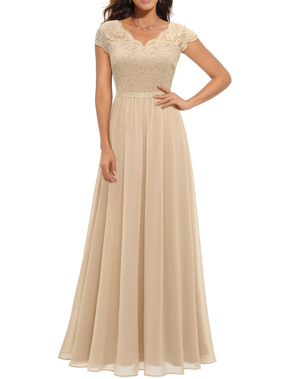Maxi Dress Women V-Neck Lace 3/4 Sleeve Flattering Fit - 10 - Rokvane