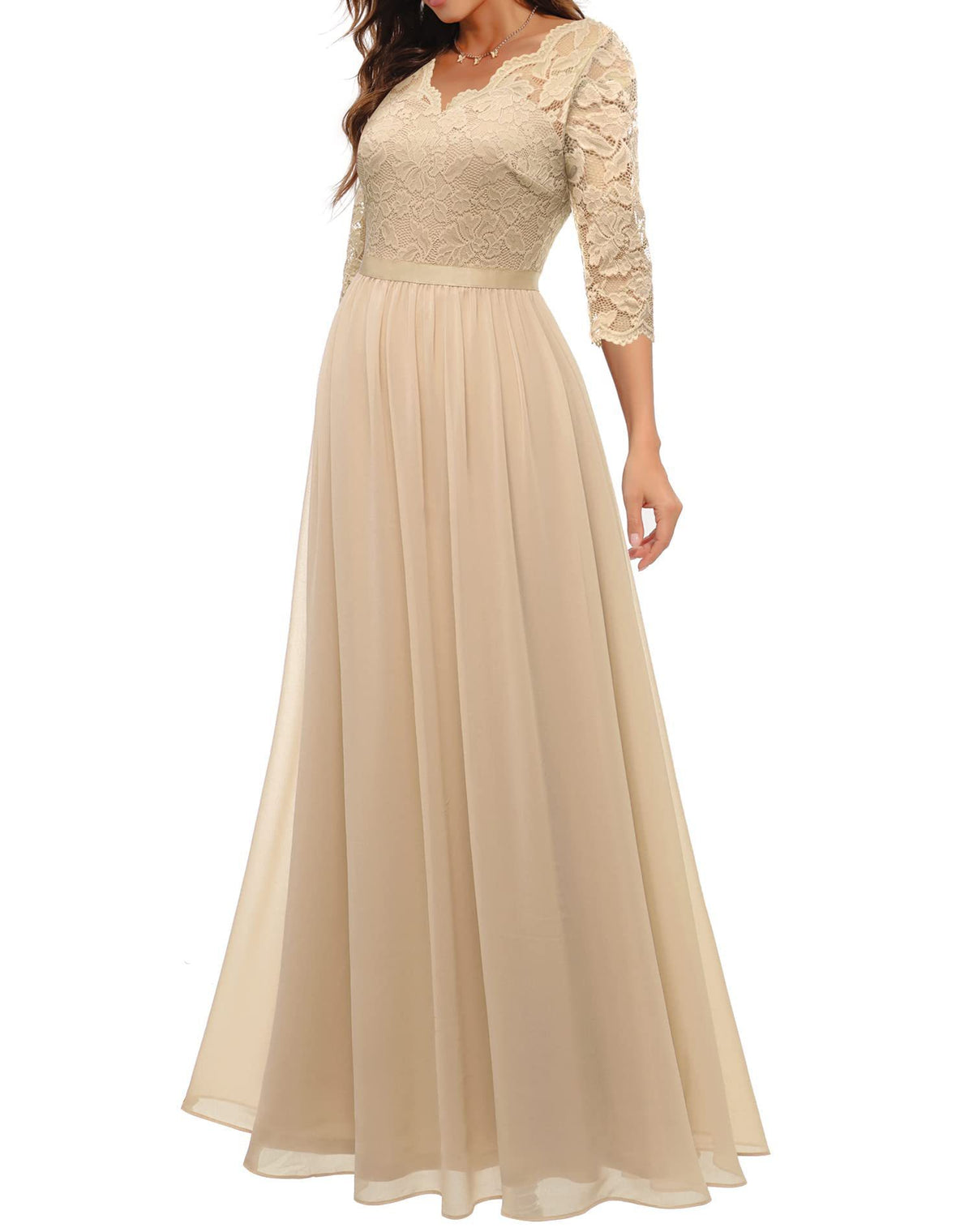 Maxi Dress Women V-Neck Lace 3/4 Sleeve Flattering Fit - 12 - Rokvane