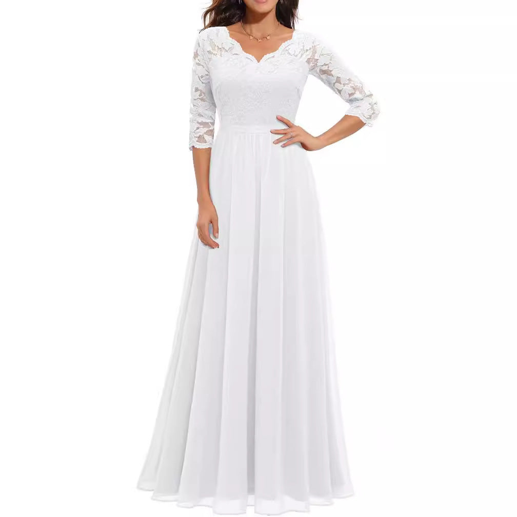 Maxi Dress Women V-Neck Lace 3/4 Sleeve Flattering Fit - 17 - Rokvane