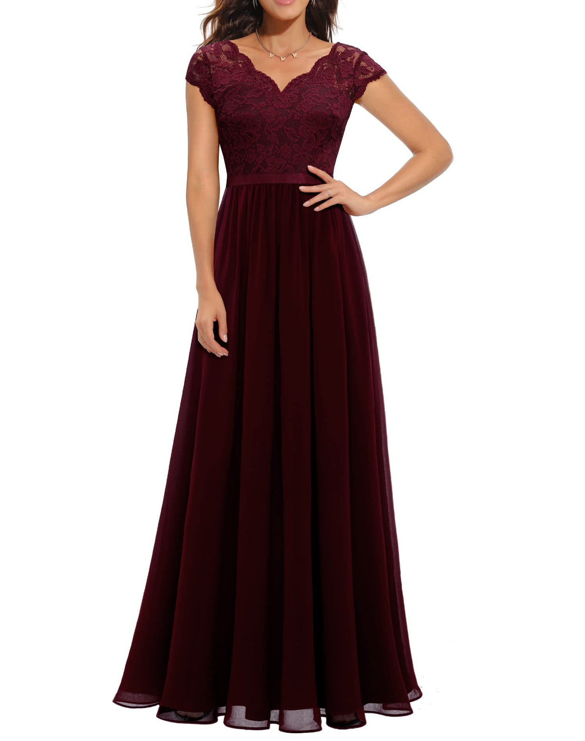 Maxi Dress Women V-Neck Lace 3/4 Sleeve Flattering Fit - 18 - Rokvane