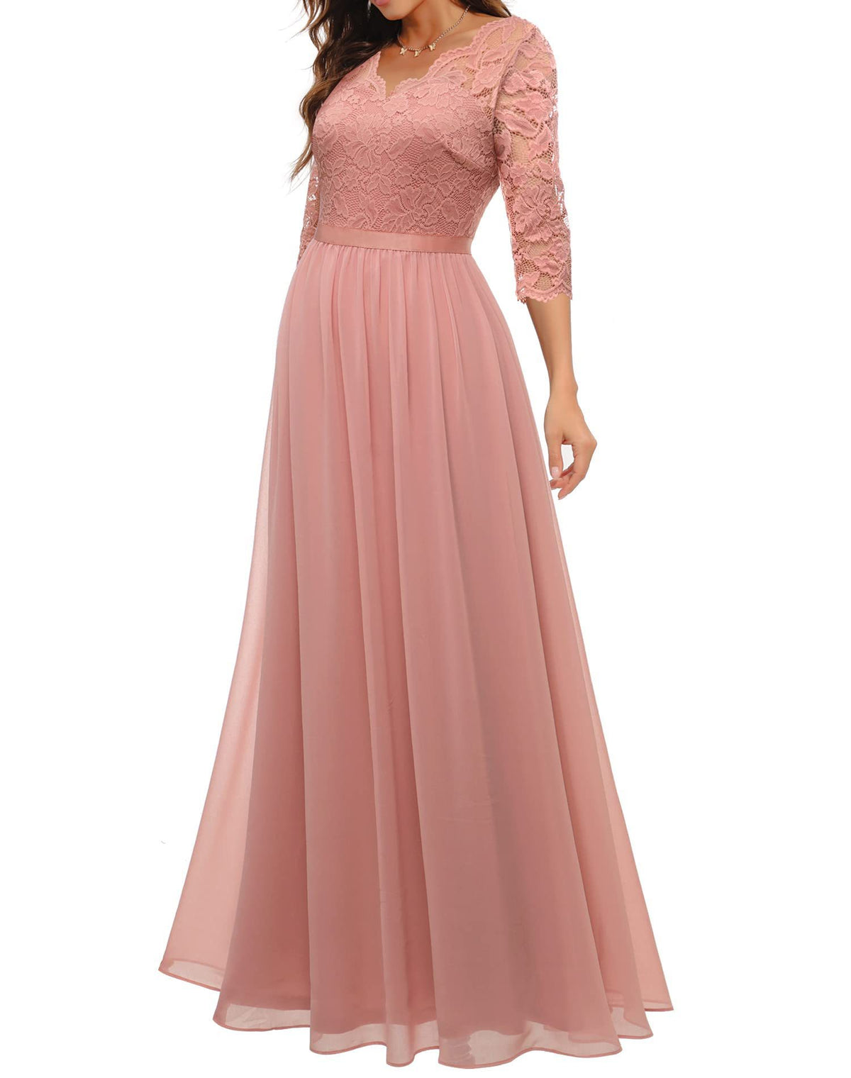 Maxi Dress Women V-Neck Lace 3/4 Sleeve Flattering Fit - 21 - Rokvane