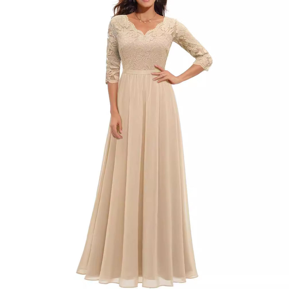 Maxi Dress Women V-Neck Lace 3/4 Sleeve Flattering Fit - 24 - Rokvane
