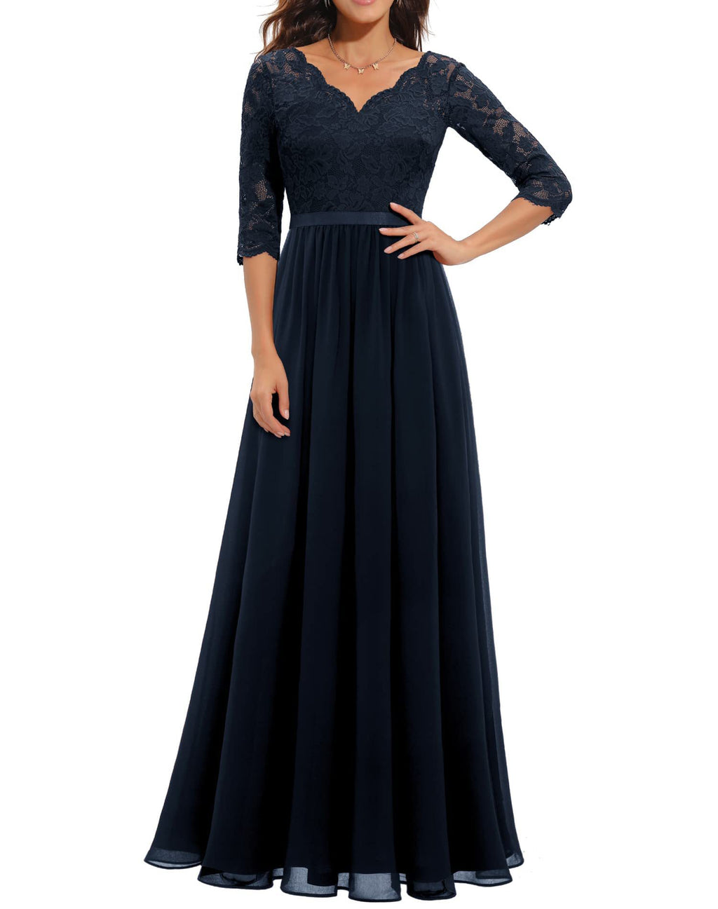 Maxi Dress Women V-Neck Lace 3/4 Sleeve Flattering Fit - 27 - Rokvane