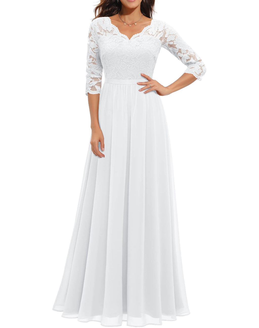 Maxi Dress Women V-Neck Lace 3/4 Sleeve Flattering Fit - 28 - Rokvane