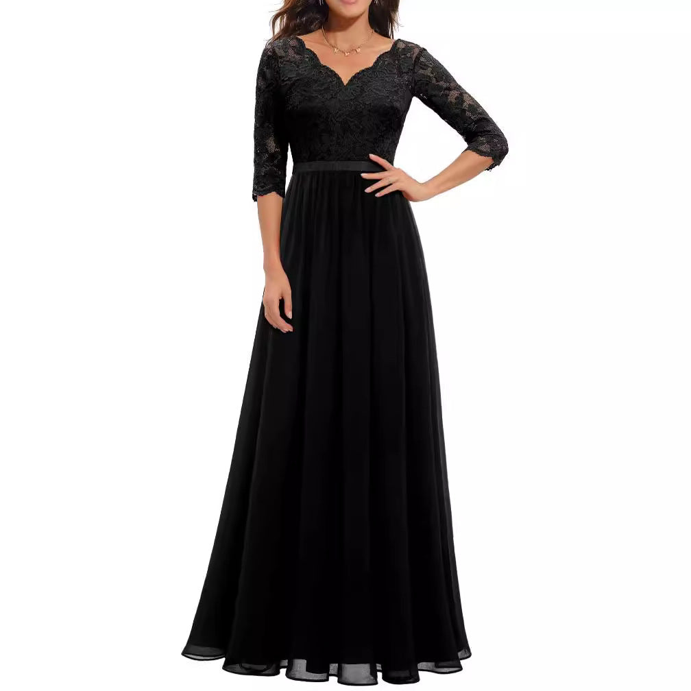 Maxi Dress Women V-Neck Lace 3/4 Sleeve Flattering Fit - 30 - Rokvane