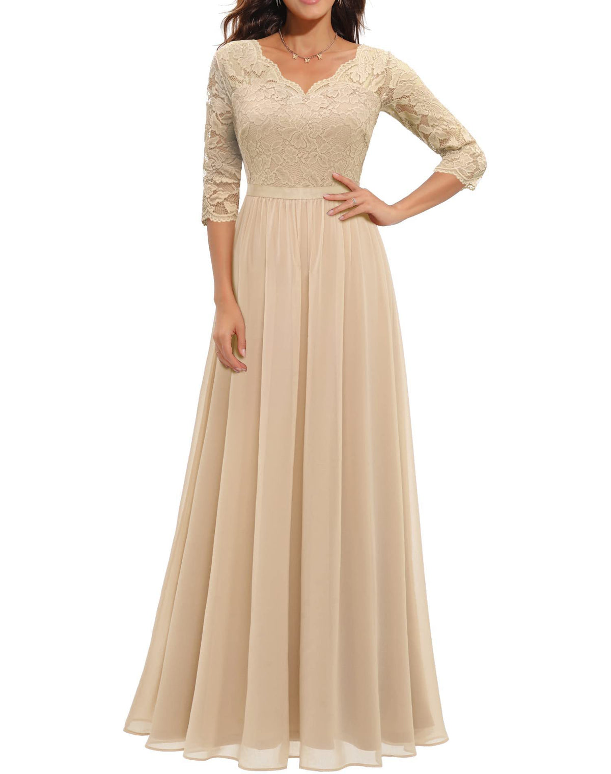 Maxi Dress Women V-Neck Lace 3/4 Sleeve Flattering Fit - 32 - Rokvane