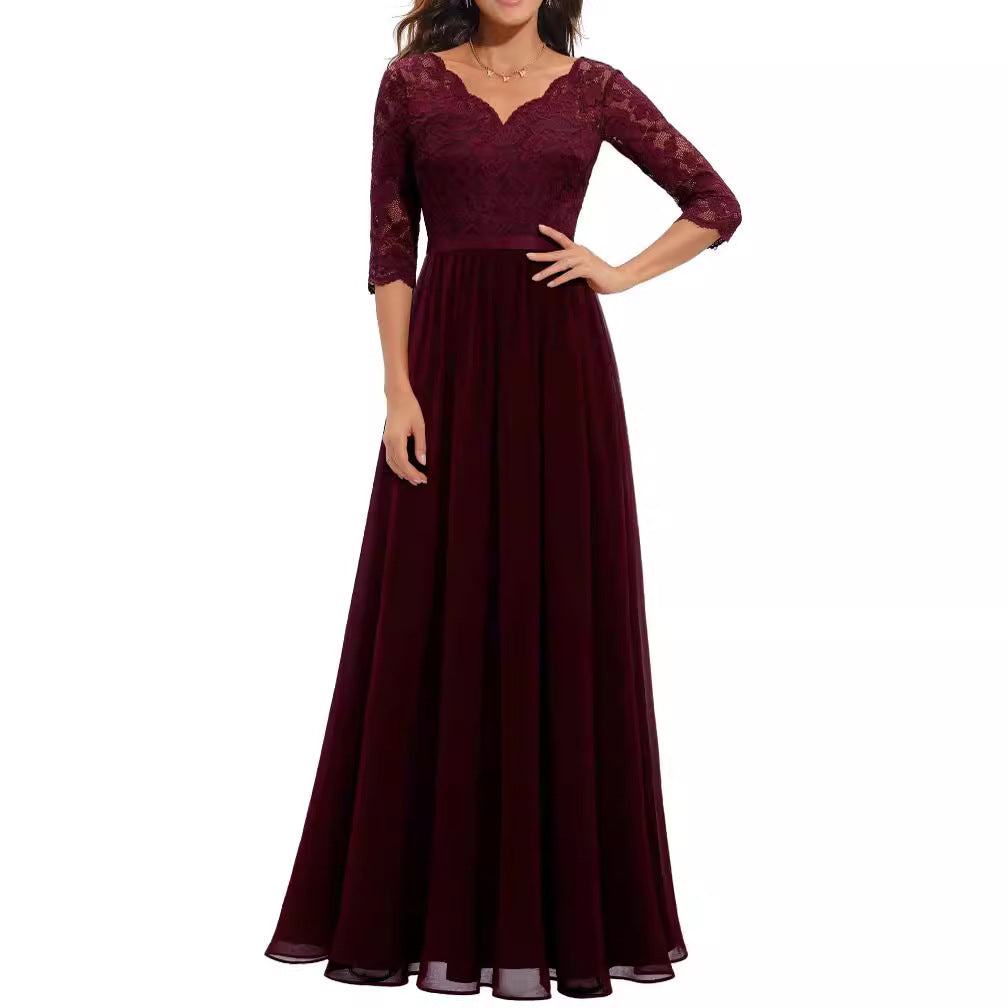 Maxi Dress Women V-Neck Lace 3/4 Sleeve Flattering Fit - 33 - Rokvane