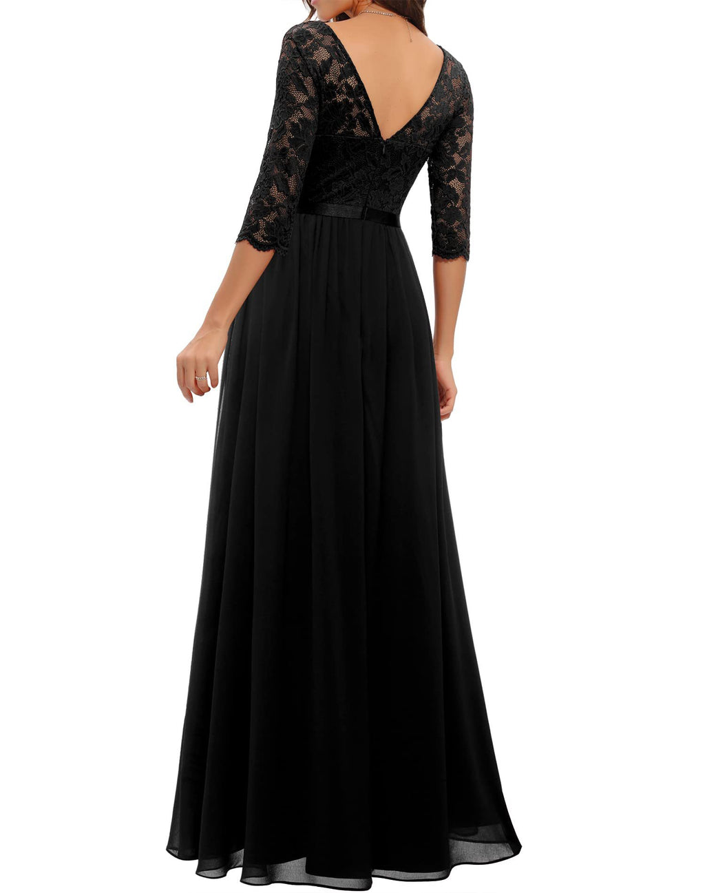 Maxi Dress Women V-Neck Lace 3/4 Sleeve Flattering Fit - 34 - Rokvane