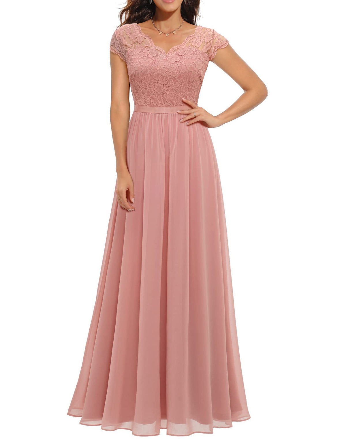 Maxi Dress Women V-Neck Lace 3/4 Sleeve Flattering Fit - 36 - Rokvane