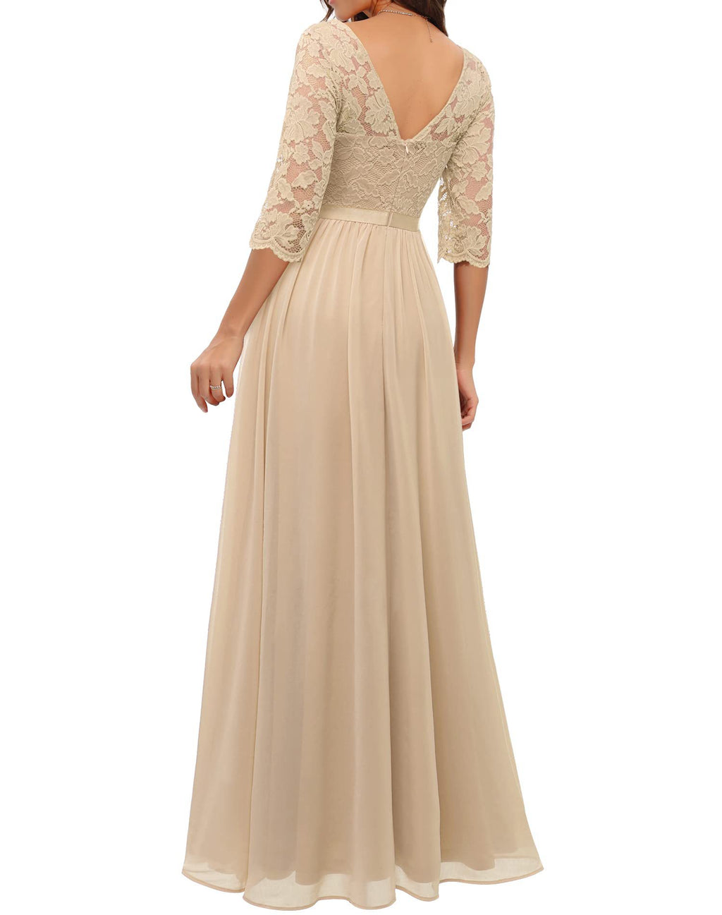 Maxi Dress Women V-Neck Lace 3/4 Sleeve Flattering Fit - 42 - Rokvane