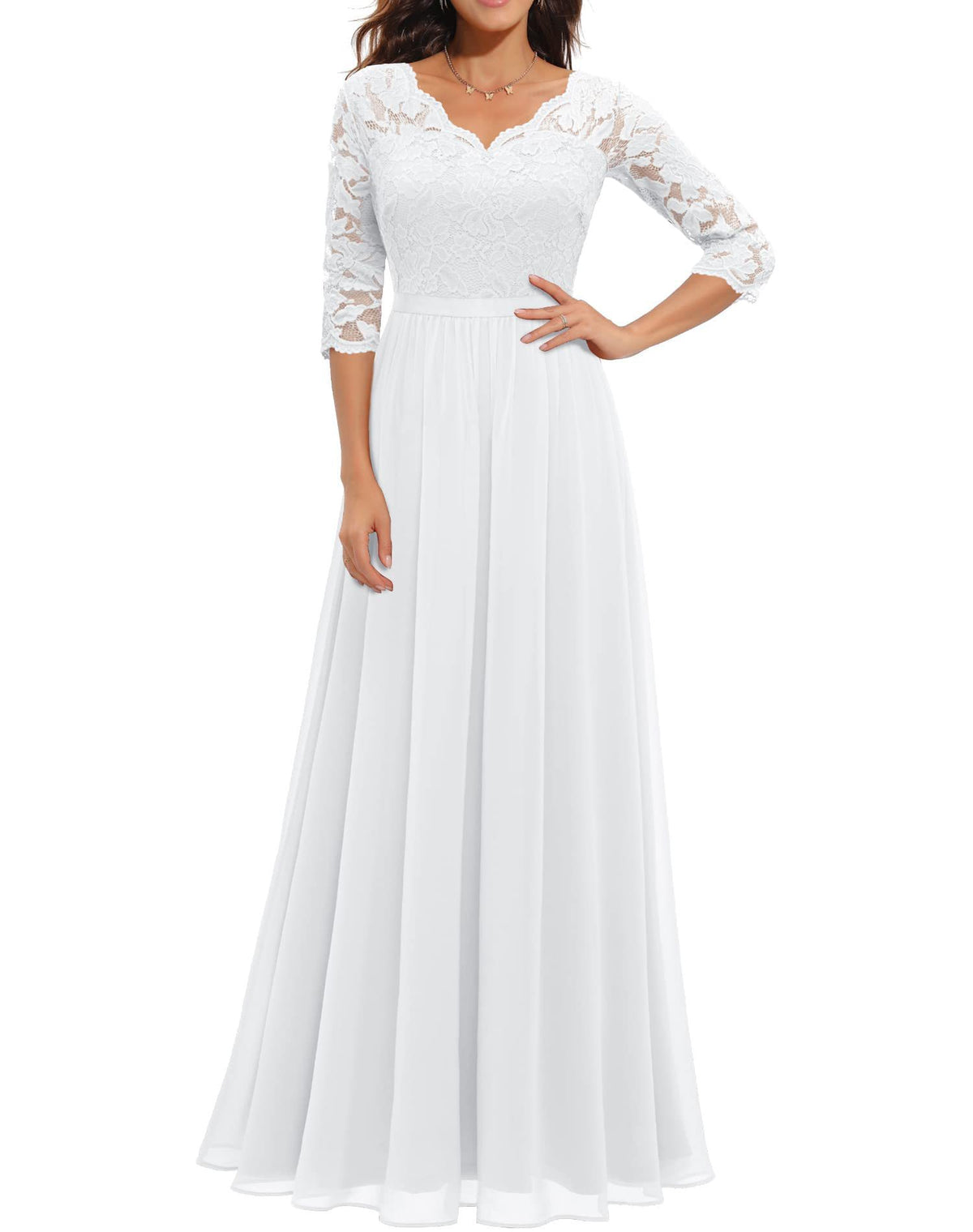 Maxi Dress Women V-Neck Lace 3/4 Sleeve Flattering Fit - 44 - Rokvane