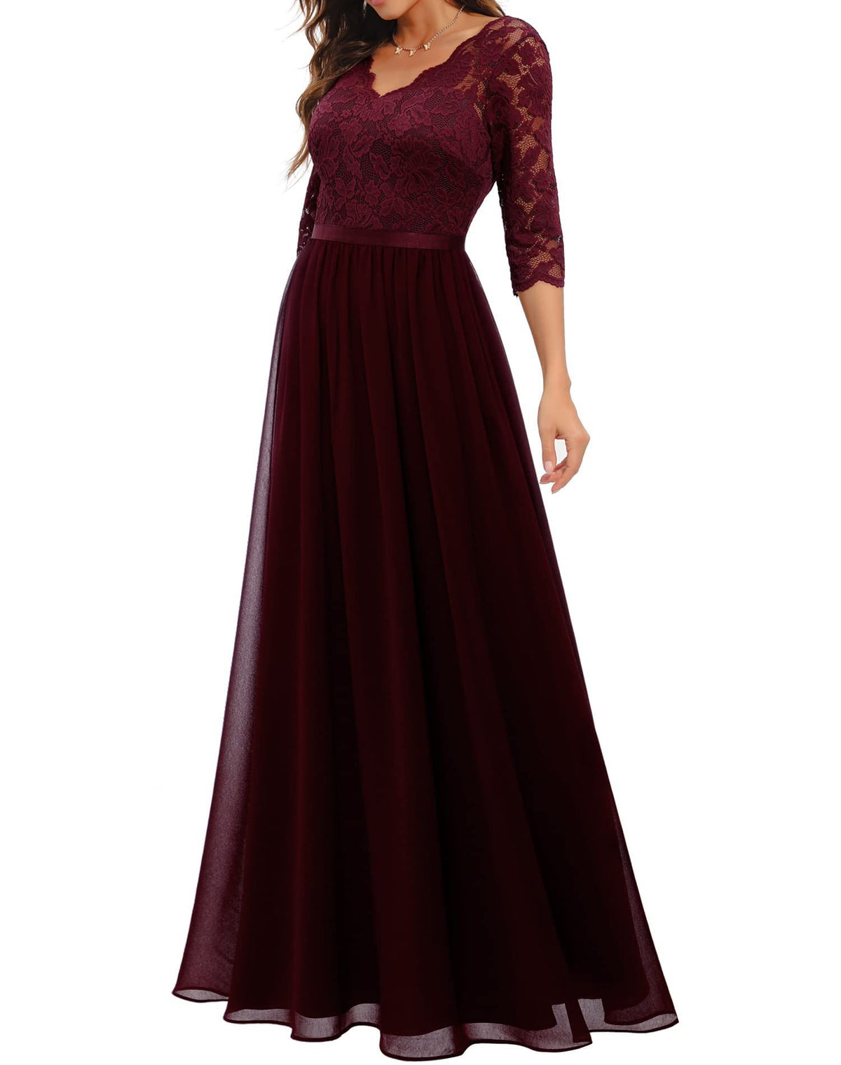 Maxi Dress Women V-Neck Lace 3/4 Sleeve Flattering Fit - R&V - 51 - Rokvane