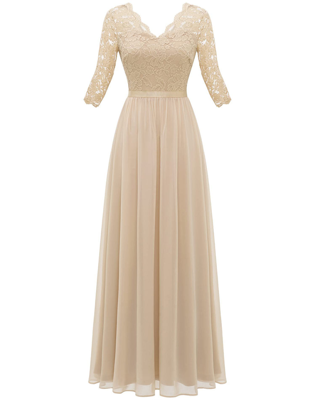 Maxi Dress Women V-Neck Lace 3/4 Sleeve Flattering Fit - R&V - 52 - Rokvane