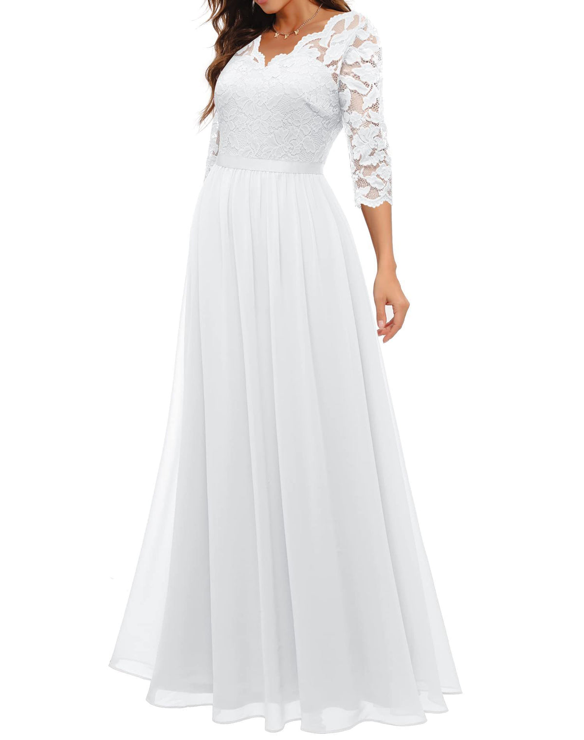 Maxi Dress Women V-Neck Lace 3/4 Sleeve Flattering Fit - R&V - 53 - Rokvane