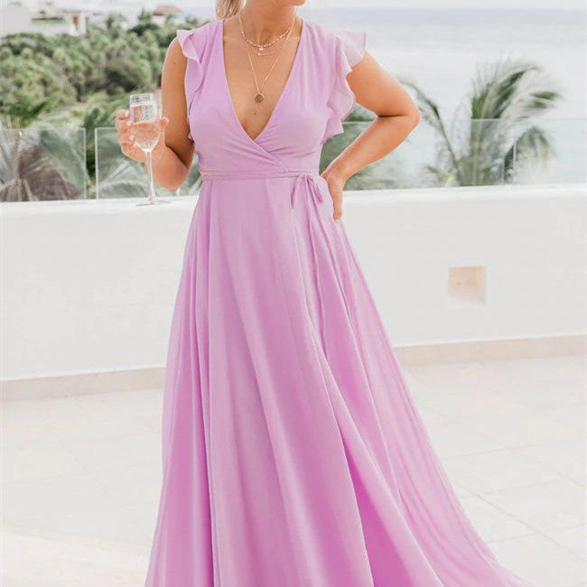Maxi Dress Women V-neck Ruffled Sleeve Tie Waist - 1 - Rokvane