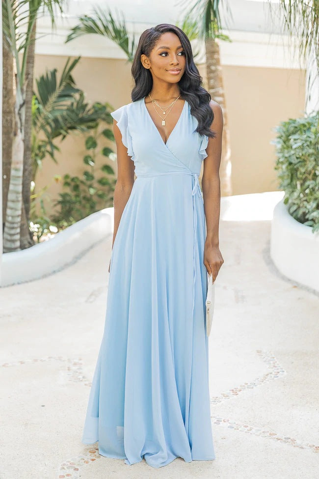 Maxi Dress Women V-neck Ruffled Sleeve Tie Waist - 6 - Rokvane