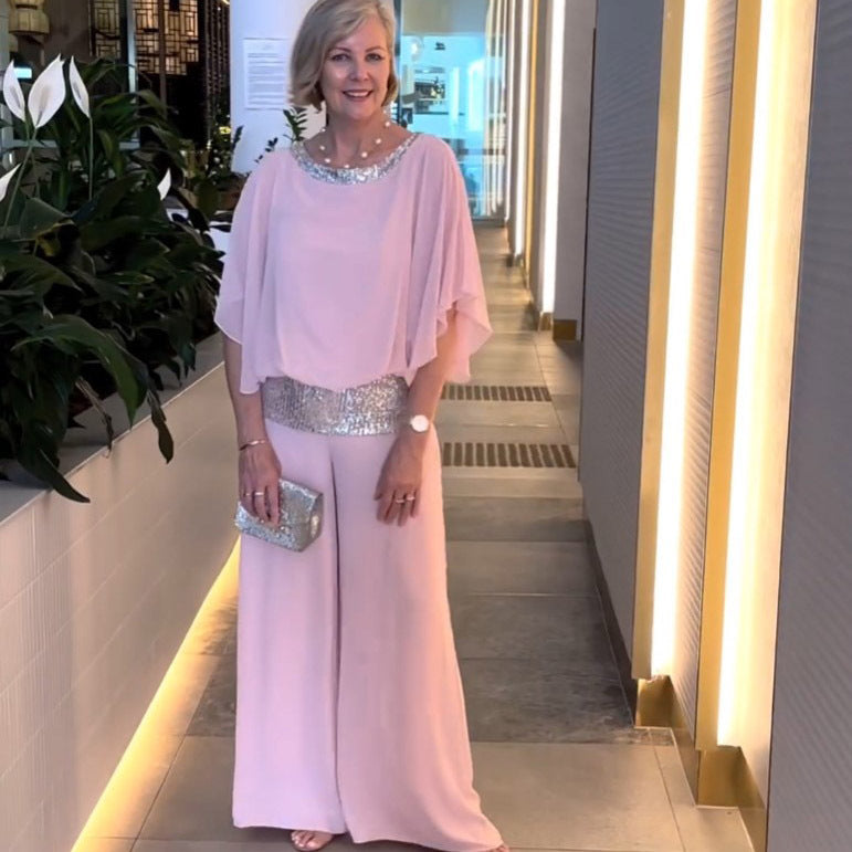 Wide Leg Jumpsuit Women's Elegant Batwing Sleeve with Sequin Detail - 1 - Rokvane