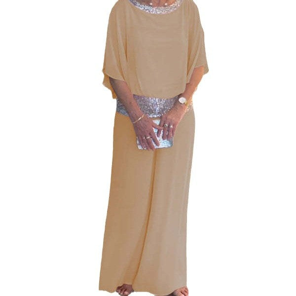 Wide Leg Jumpsuit Women's Elegant Batwing Sleeve with Sequin Detail - 2 - Rokvane