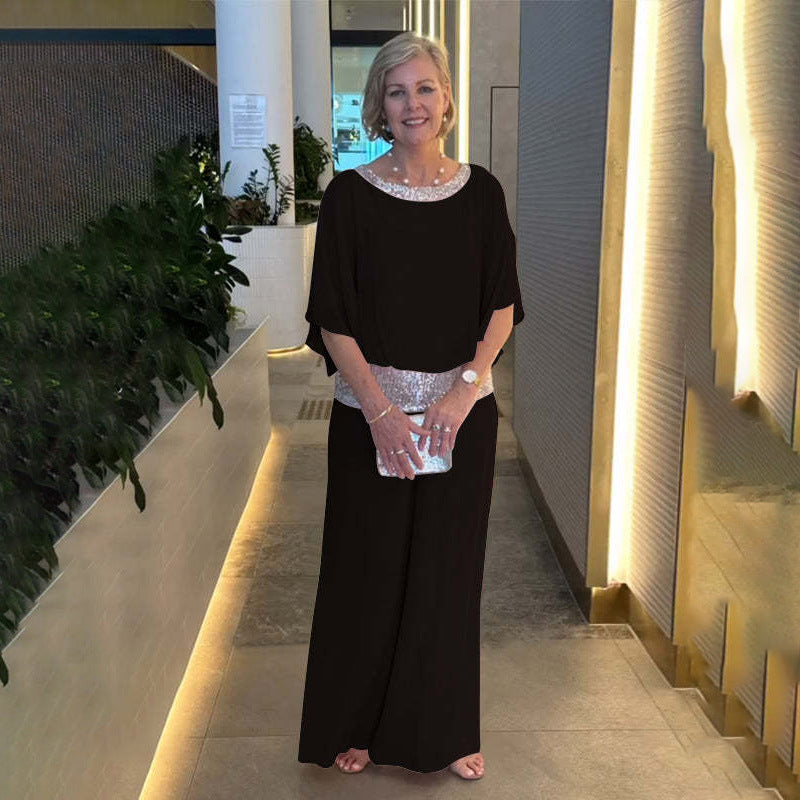 Wide Leg Jumpsuit Women's Elegant Batwing Sleeve with Sequin Detail - 5 - Rokvane