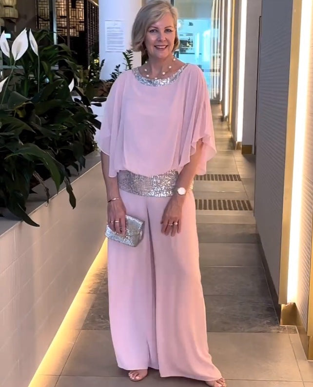 Wide Leg Jumpsuit Women's Elegant Batwing Sleeve with Sequin Detail - 6 - Rokvane