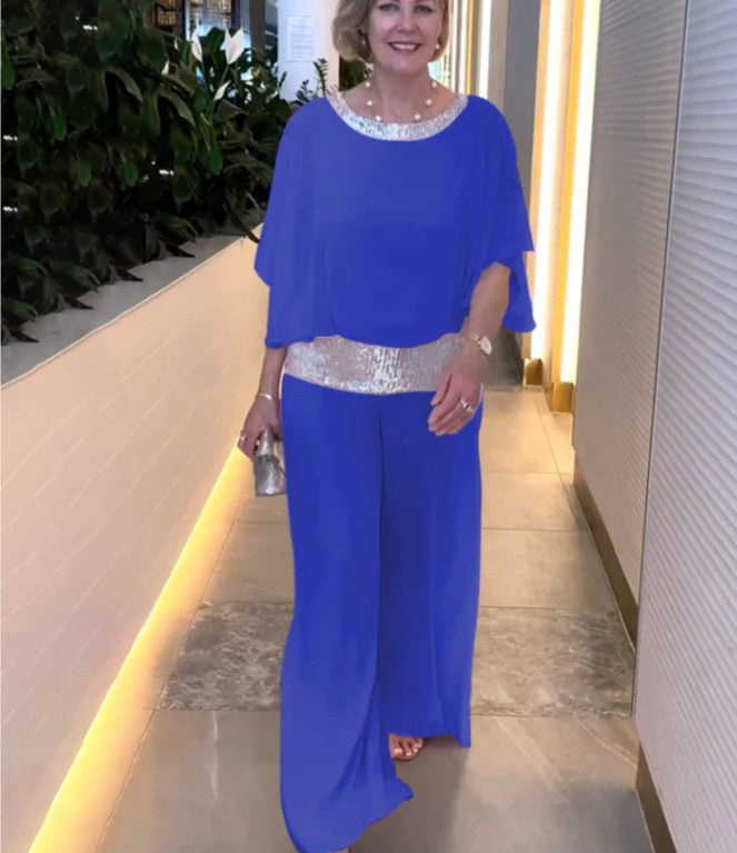 Wide Leg Jumpsuit Women's Elegant Batwing Sleeve with Sequin Detail - 7 - Rokvane