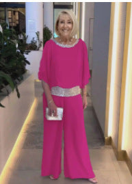 Wide Leg Jumpsuit Women's Elegant Batwing Sleeve with Sequin Detail - 8 - Rokvane