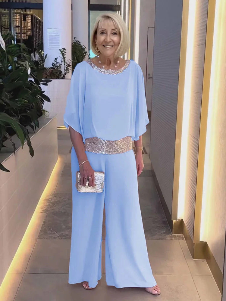 Wide Leg Jumpsuit Women's Elegant Batwing Sleeve with Sequin Detail - 10 - Rokvane