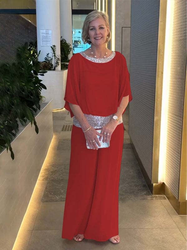 Wide Leg Jumpsuit Women's Elegant Batwing Sleeve with Sequin Detail - 11 - Rokvane