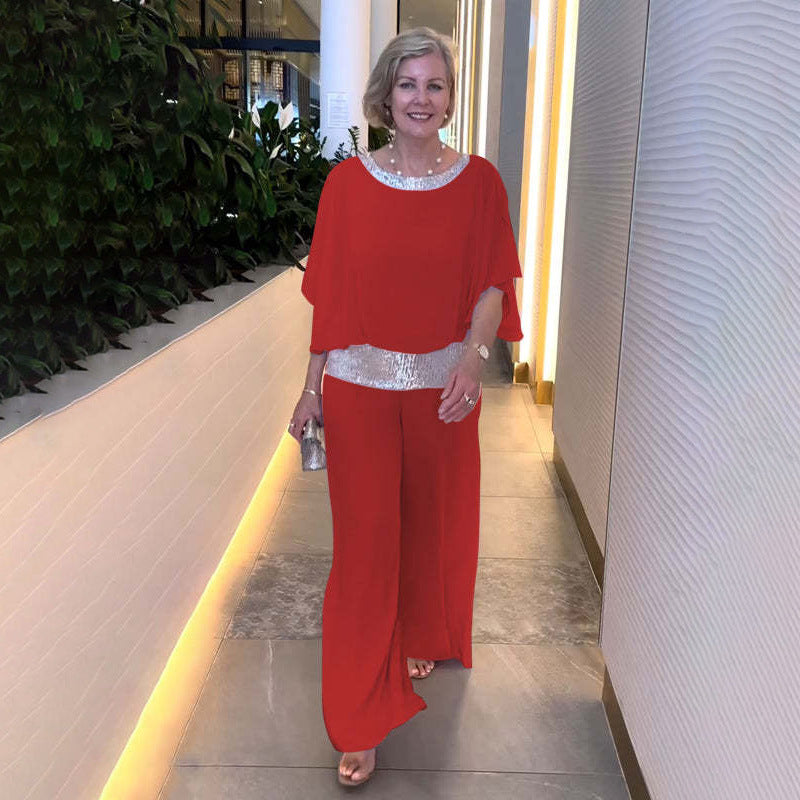 Wide Leg Jumpsuit Women's Elegant Batwing Sleeve with Sequin Detail - 13 - Rokvane