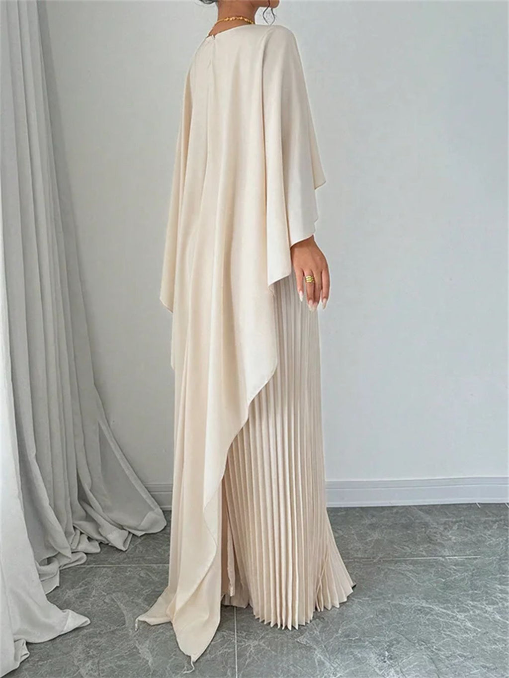 Elegant Evening Dress Women - Pleated Maxi Silhouette with Dramatic Cape - 1 - Rokvane